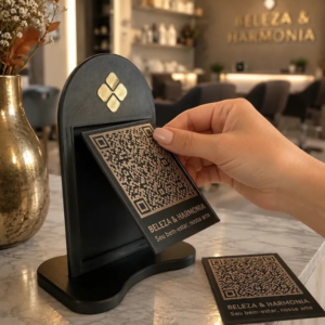 Placa PIX personalizada em impressão 3D preto e champanhe com suporte removível e troca rápida da plaquinha